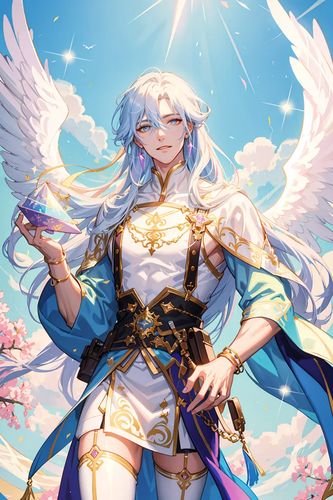 Esta es una imagen de un hombre joven y hermoso con el cabello largo y blanco y ojos azules. Lleva un atuendo blanco y dorado con una capa azul. Tiene un par de alas blancas y sostiene un pequeño cristal azul en su mano derecha. Está de pie en un campo de flores rosas y hay nubes y un cielo azul de fondo.