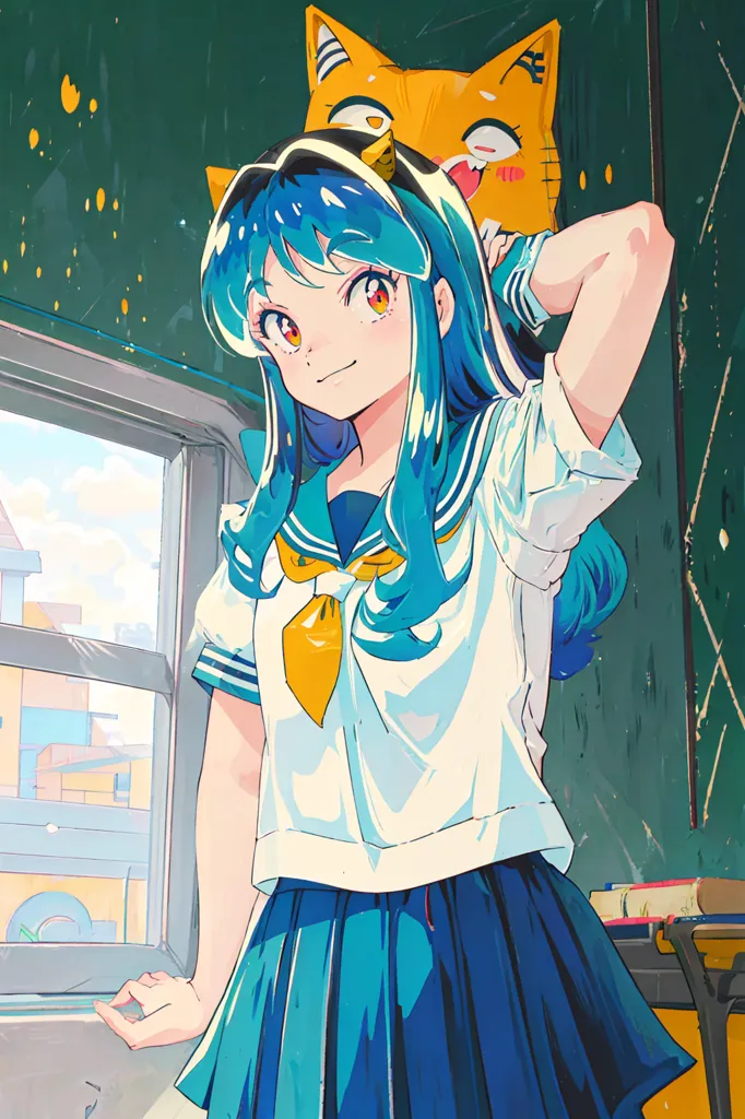 The image is a painting of a young girl with long blue hair and yellow eyes. She is wearing a white shirt with a blue collar and a blue skirt. She has a cat-like creature with her. The background is a green wall with a window. The girl is smiling and has her hand on her head.