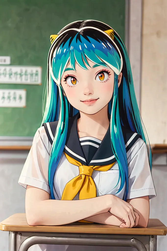 The image shows an anime-style girl with long blue hair and yellow eyes. She is wearing a white shirt with a yellow tie and a blue sailor collar. She is sitting at a desk in a classroom. The background is a chalkboard with Japanese writing on it. The girl is smiling and has her hands folded on the desk.