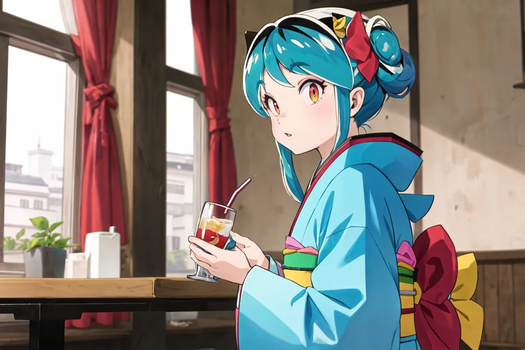 The image is of a young woman with blue hair and cat ears, wearing a kimono with a yellow and red obi. She is sitting at a table in a restaurant, drinking from a glass with a straw. The restaurant has red curtains and there are plants on the table.