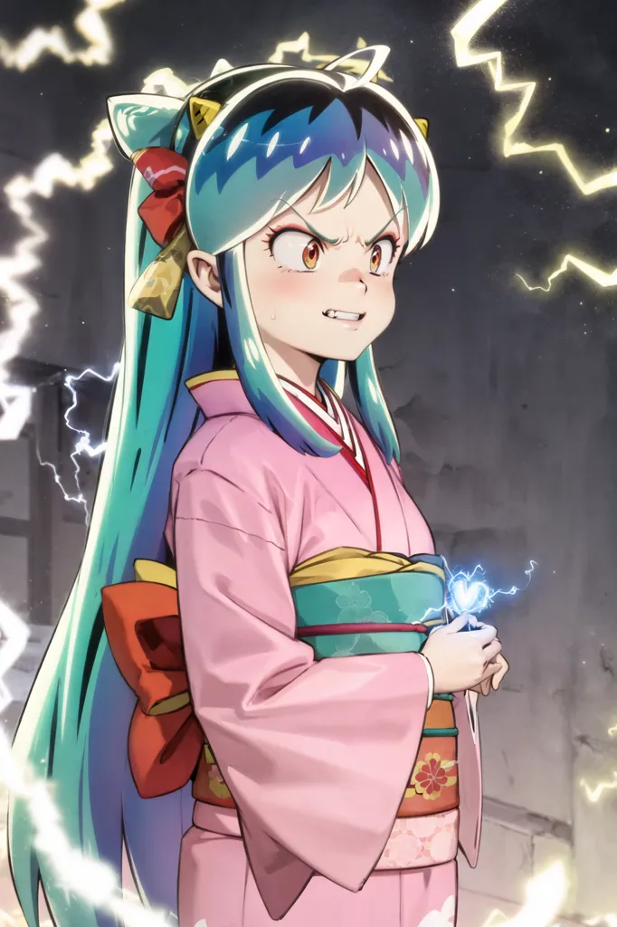 The image shows a girl with long blue hair wearing a pink kimono with a white obi. She has a red ribbon in her hair and is looking at the viewer with an angry expression. There are yellow lightning bolts in the background.