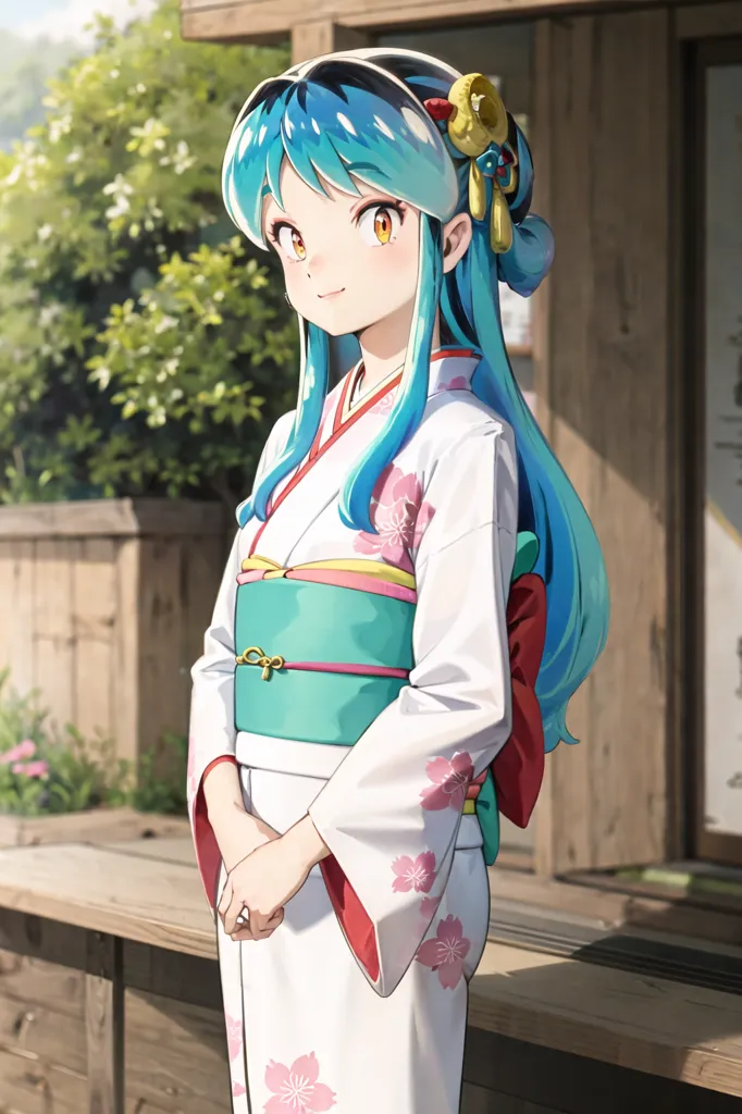 The image shows a young woman standing in a traditional Japanese house. She is wearing a white kimono with a pink and green obi, and her long blue hair is tied up in a bun. She has a friendly smile on her face, and she is looking at the viewer. The background of the image is a blurred image of a traditional Japanese garden.