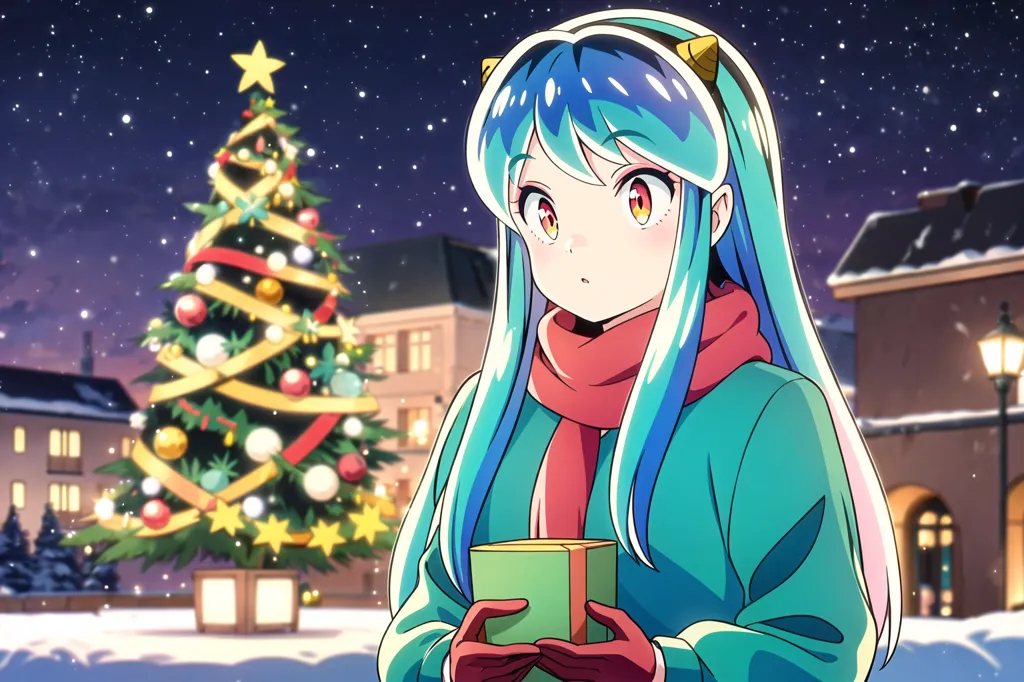 This is an image of a young girl standing in a snowy town at Christmas time. She is wearing a red scarf and a green coat. She has a present in her hand. There is a decorated Christmas tree in the background. The girl has blue hair and yellow eyes. She is looking at the Christmas tree. There are buildings and street lamps in the background. It is snowing.