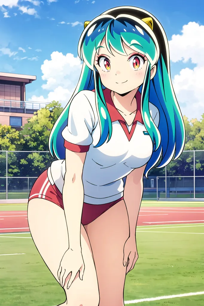 The image shows a young woman in a white and red sports uniform. She has long blue hair and yellow cat ears. She is standing in a track field, and there is a building in the background. The sky is blue with white clouds. The girl has a happy expression on her face.