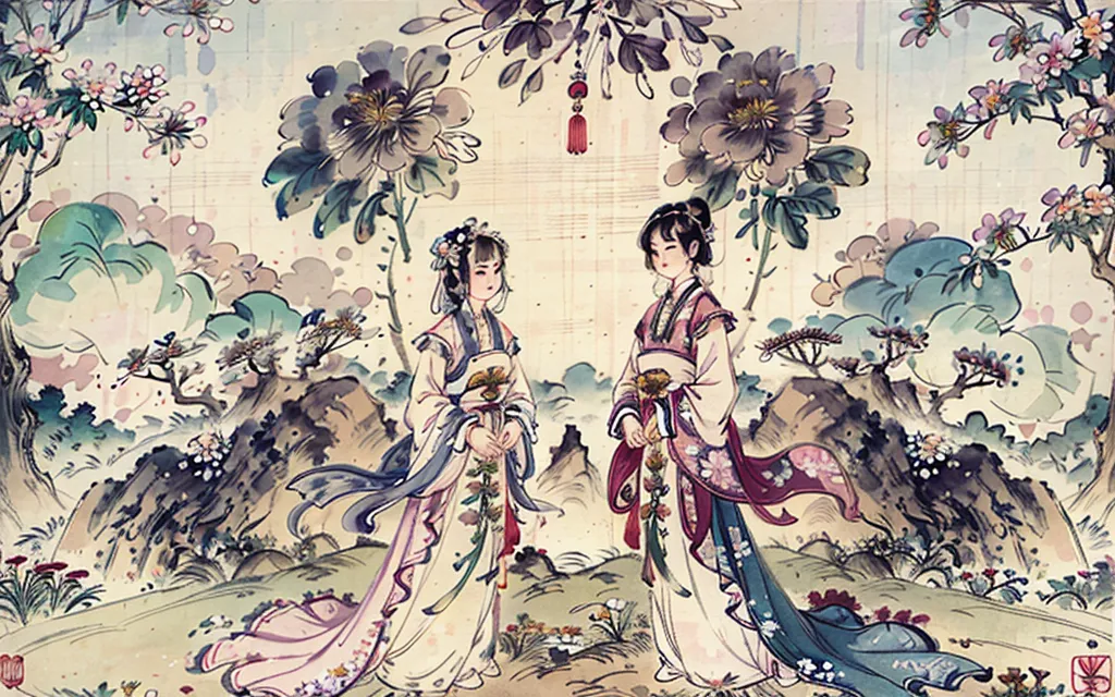 L'image est une peinture chinoise de deux femmes dans un jardin. Les femmes portent toutes deux des robes chinoises traditionnelles et sont entourées de fleurs et d'arbres. La peinture est réalisée dans un style réaliste et les couleurs sont vives et réalistes. L'image est une représentation belle et paisible d'un jardin chinois.