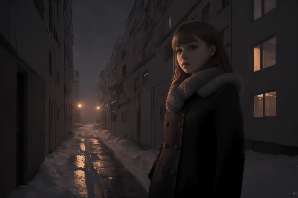 The image is a digital painting of a young woman standing in a snowy alleyway. The woman is wearing a long black coat with a fur collar and a brown scarf. She has long brown hair and blue eyes, and she is looking at the viewer with a sad expression. The alleyway is dark and narrow, and the only light comes from a few streetlights. The snow is thick on the ground, and it is falling heavily. The image is full of atmosphere, and it captures the feeling of isolation and loneliness.