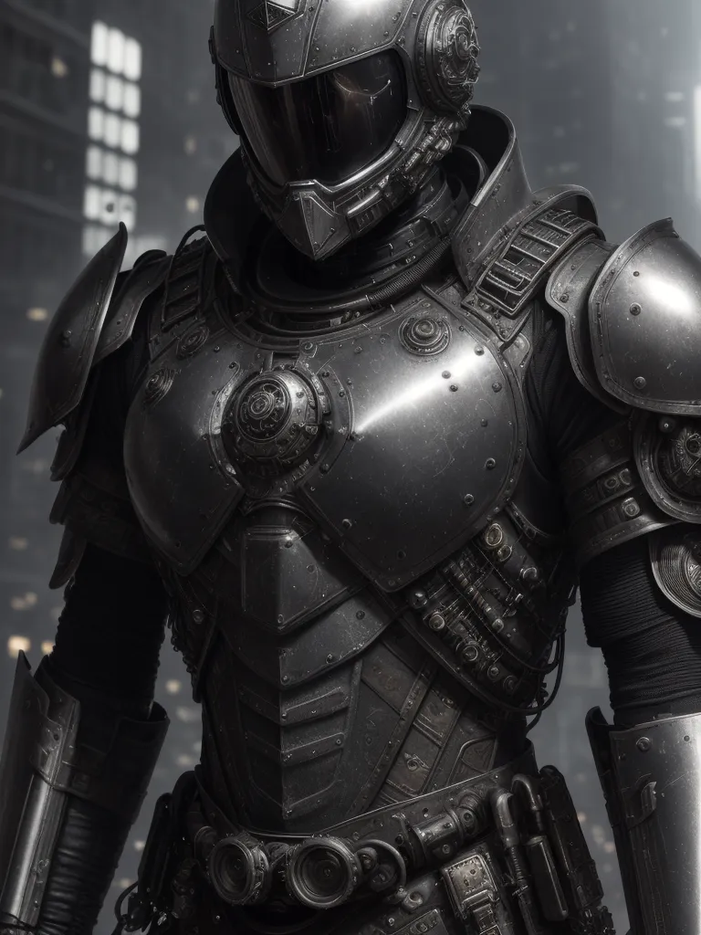 The image is of a person wearing a futuristic suit of armor. The armor is made of metal and has a dark, metallic finish. The armor covers the person's entire body, including their head, chest, and arms. The helmet has a visor that covers the person's eyes. There are a number of small, glowing lights on the armor. The person is standing in a dark, urban environment. There are tall buildings in the background.