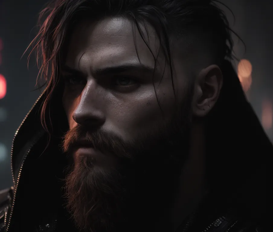 The image is a portrait of a man with long dark hair, a beard, and a mustache. He is wearing a black leather jacket and has a serious expression on his face. The background is blurred and there are some red lights in the distance. The man's eyes are dark and he has a strong jawline. He is looking to the side and seems to be lost in thought.