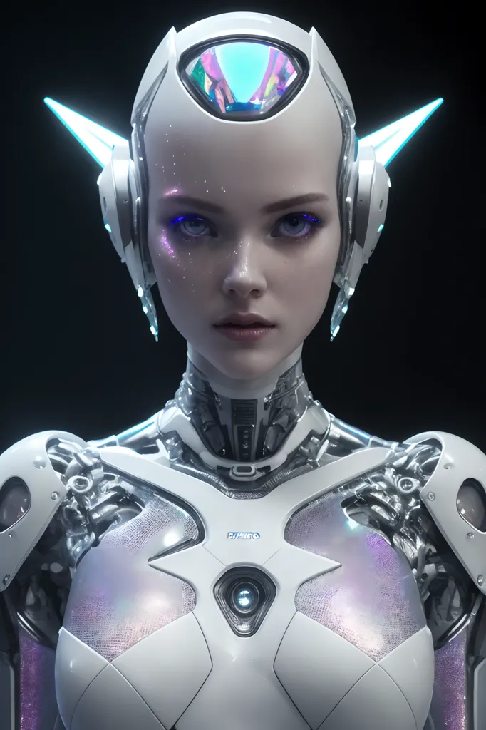 The image is a portrait of a beautiful female robot with blue eyes and fair skin. She is wearing a white and silver bodysuit with intricate details and has a glowing blue orb on her forehead. Her ears are pointed and she has a small, upturned nose. Her lips are slightly parted and she is looking directly at the viewer with a serene expression. The background is black and there is a spotlight shining down on her.