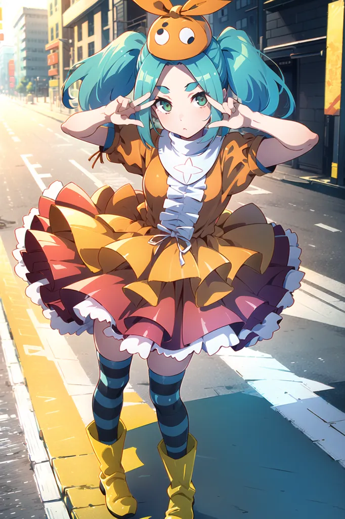 The image is an anime-style illustration of a girl in a yellow and orange dress. She has long green hair and green eyes. She is wearing a yellow hat with orange ears. She is also wearing a white and red striped shirt. She is standing on a crosswalk in a city street with buildings on both sides. She is making a peace sign with both hands.