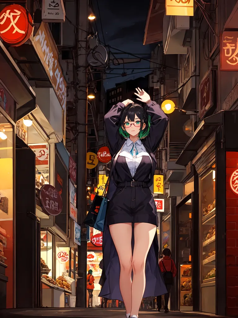 The image is a nighttime street scene in an Asian city. The street is lined with shops and restaurants, and there are people walking around. The main focus of the image is a young woman who is standing in the middle of the street. She has green hair, green eyes, and is wearing a black suit. She is looking at the camera.