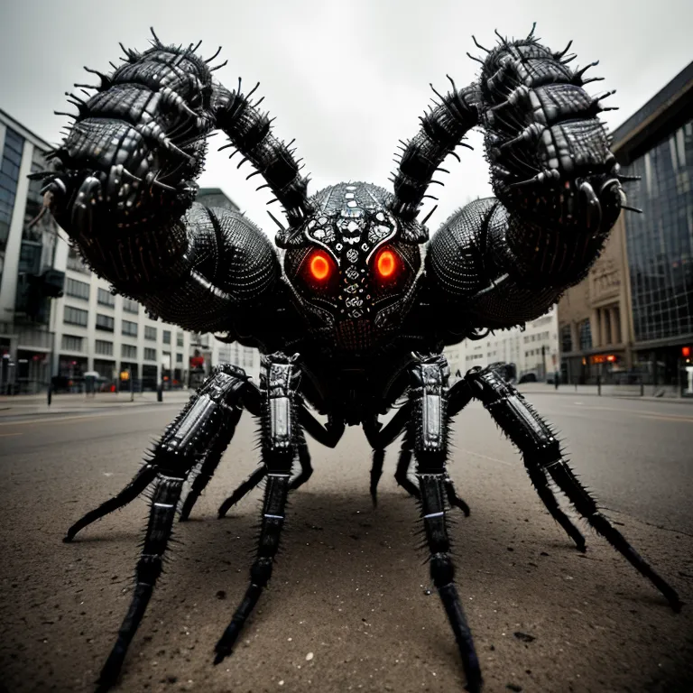 The image is of a giant mechanical scorpion-like creature standing in the middle of a city street. The creature is made of black metal and has red eyes. It is standing on eight legs and has two large pincers. The creature is surrounded by tall buildings and there are cars parked on the street.