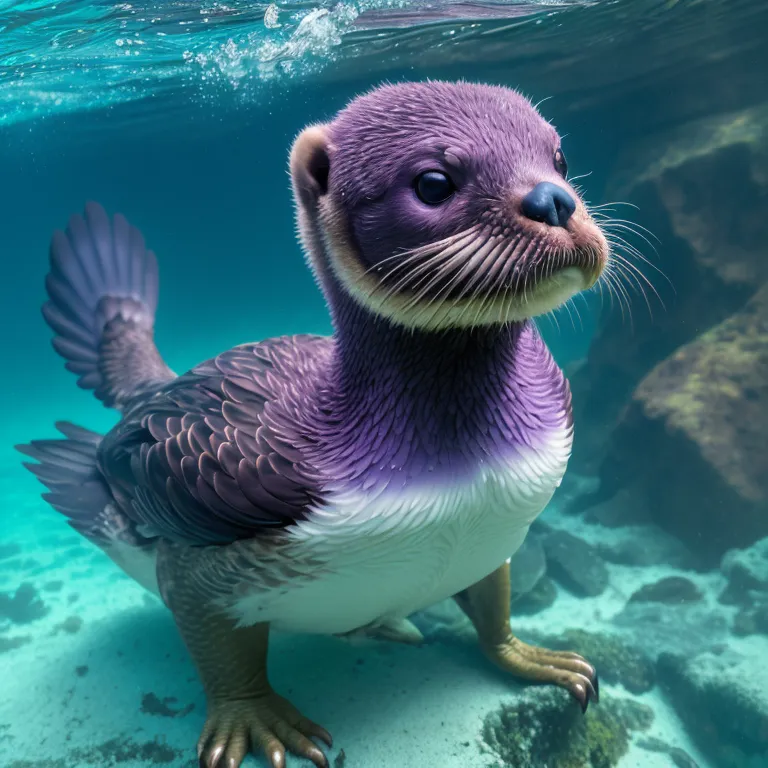 Cette image montre une créature violette ressemblant à une loutre nageant dans l'océan. Elle a la tête et le corps d'une loutre, mais la queue d'un pingouin. La créature nage dans un océan bleu clair, et il y a des rochers et du corail en arrière-plan. La créature regarde la caméra avec une expression curieuse.