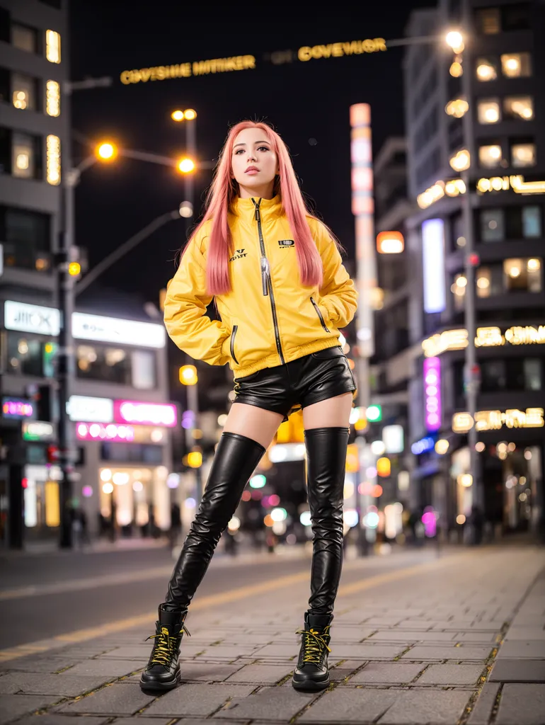 La imagen muestra a una mujer joven de pie en una calle de la ciudad por la noche. Lleva una chaqueta amarilla, pantalones cortos de cuero negro y botas de cuero negro. Tiene el cabello rosa largo y mira a la cámara. La calle está iluminada por farolas y las luces de los edificios. Hay coches aparcados en la calle y algunas personas caminando al fondo.