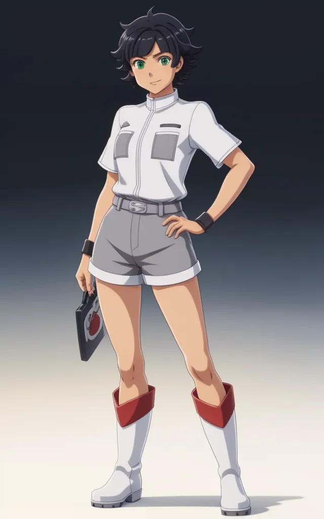 This is an illustration of a young woman with green eyes and short green hair. She is wearing a white shirt with short sleeves and a collar, a pair of gray shorts, and a pair of white and red boots. She is also wearing a belt and has a small red bag hanging from her right shoulder. She has her left hand on her hip and is looking at the viewer with a confident expression.