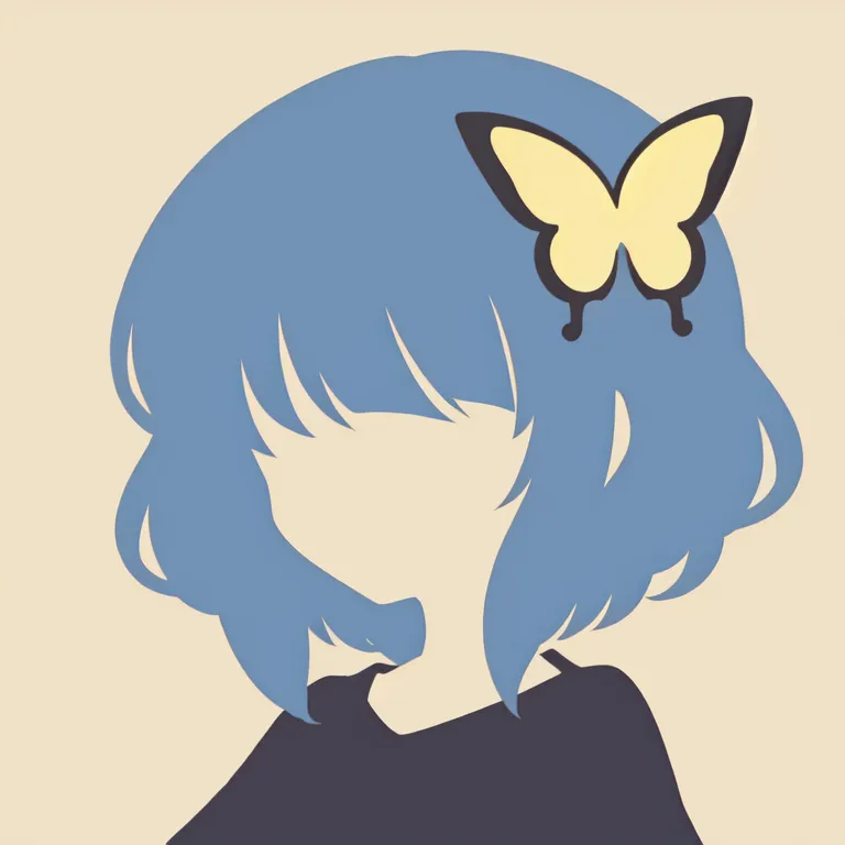 The image shows a girl with short blue hair and a yellow butterfly in her hair. The girl's face is not shown, but her head is tilted down and her eyes are closed. She is wearing a dark-colored shirt. The background is a solid light yellow color.