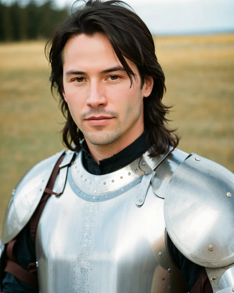 Esta é uma imagem de Keanu Reeves. Ele está usando uma armadura de cavaleiro medieval. Ele tem cabelos longos e castanhos e olhos castanhos. Ele está olhando para a câmera com uma expressão séria.