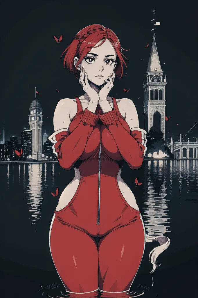 This is an image of a woman standing in a dark place. She is wearing a red one-piece swimsuit with a zipper in the front. She has red hair and brown eyes. She is standing in a dark place with a cityscape in the background. There are two buildings with clocks on them. There is a bridge in the background and a reflection on the water. There are also butterflies surrounding her.