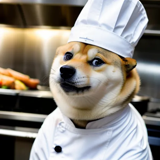 The image shows a Shiba Inu dog wearing a chef's hat and coat. The dog is standing in a kitchen, and there is a grill with food on it in the background. The dog has a serious expression on its face, and it looks like it is about to start cooking.