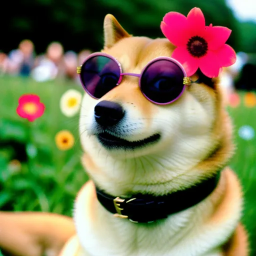 The image shows a Shiba Inu dog wearing purple sunglasses and a pink flower on its head. The dog is sitting in a field of flowers and has a happy expression on its face. The background is blurred.