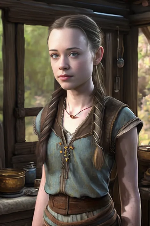 This is an image of a young woman standing in a medieval kitchen. She is wearing a blue peasant dress with a brown leather belt and a brown leather pouch around her neck. Her long brown hair is braided and she has a braid wrapped around her head like a crown. She is looking at the viewer with a slightly raised eyebrow.