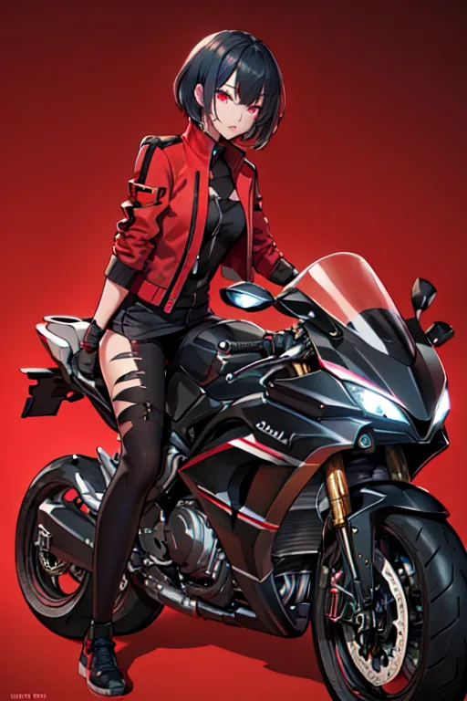 This is an image of a young woman sitting on a black and red motorcycle. She is wearing a red jacket, black shorts, and black boots. She has short black hair and red eyes. The motorcycle is also black and red. The background is red.