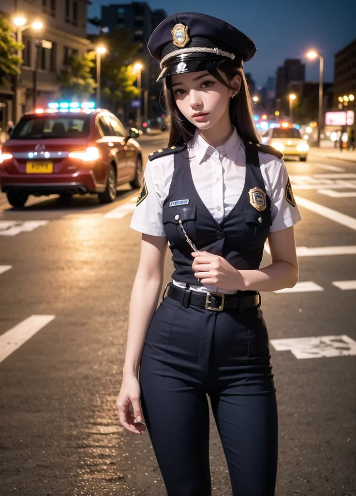 この写真には、長い黒髪の若い女性が写っています。彼女は警察官の制服を着ています。制服には、つのピークのある帽子、白いシャツ、バッジ付きの黒いベスト、銀色のバックルの黒いベルト、そして黒いズボンが含まれています。彼女は夜の街中の真ん中に立っており、背景にはぼやけた街の明かりが見えます。彼女の後ろには、ライトが点灯した赤い車が見えます。