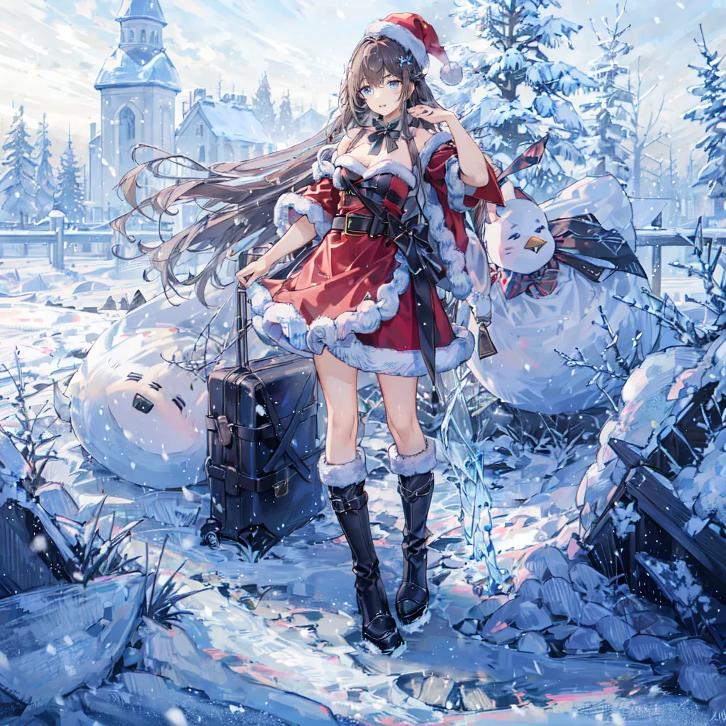 The image is a painting of a young woman in a red and white Christmas outfit. She is standing in a snowy forest, surrounded by snowmen and Christmas trees. The woman is wearing a red and white dress with a white fur trim, a red Santa hat, and black boots. She is also carrying a suitcase. The snowmen are decorated with various Christmas items, such as hats, scarves, and ornaments. The trees are decorated with lights and ornaments. The background is a snowy forest with a church in the distance. The painting is done in a realistic style and the colors are vibrant and bright. The image is very detailed and the artist has paid close attention to the details of the woman's outfit and the snowmen. The painting is also very atmospheric and captures the feeling of Christmas.