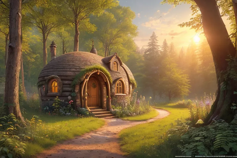 The image is a beautiful depiction of a small, round hobbit house. The house is made of stone and has a wooden door. There are two windows on the front of the house and a small garden with flowers and plants. The house is surrounded by a forest and there is a path leading up to the front door. The sun is shining brightly and there is a beautiful blue sky. The image is very peaceful and serene.