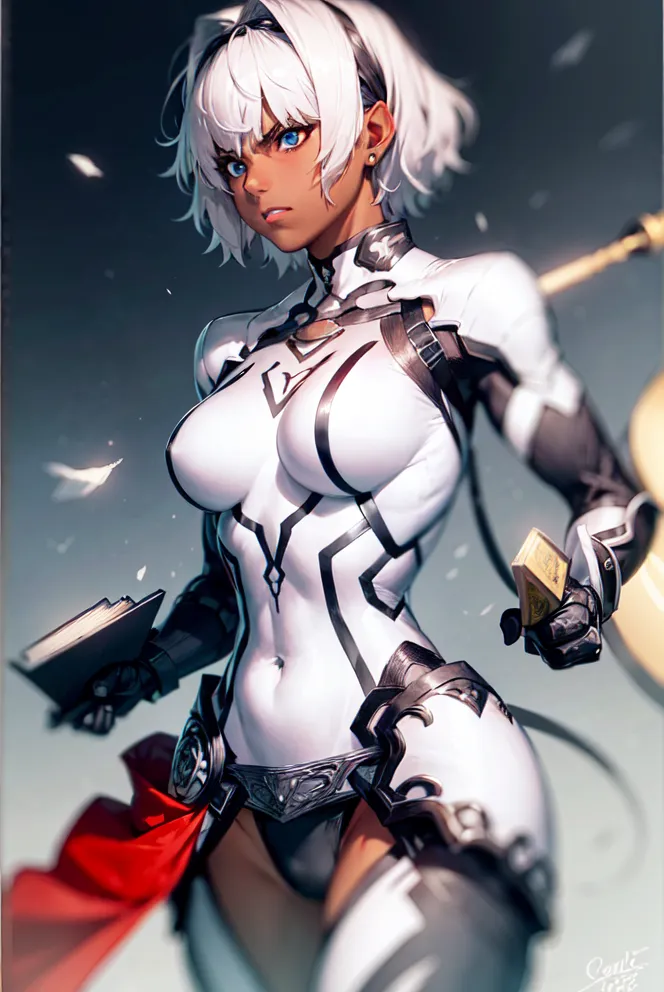 This image shows a woman with short white hair and dark skin. She is wearing a white bodysuit with black and red accents. She is also wearing a red cape. She has a book in her left hand and a sword in her right hand. She is standing in a determined pose, ready to fight. The background is a dark blue color.