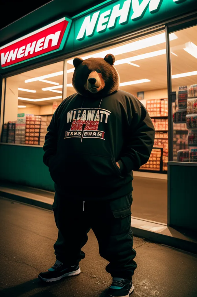 L'image montre une personne vêtue d'un costume d'ours debout devant un magasin de proximité. La personne porte un sweat à capuche noir, un pantalon noir et des baskets noires. Le costume d'ours est brun et a une apparence réaliste. La personne se tient devant l'entrée du magasin, et l'enseigne du magasin est visible en arrière-plan. L'enseigne est verte et porte le mot \