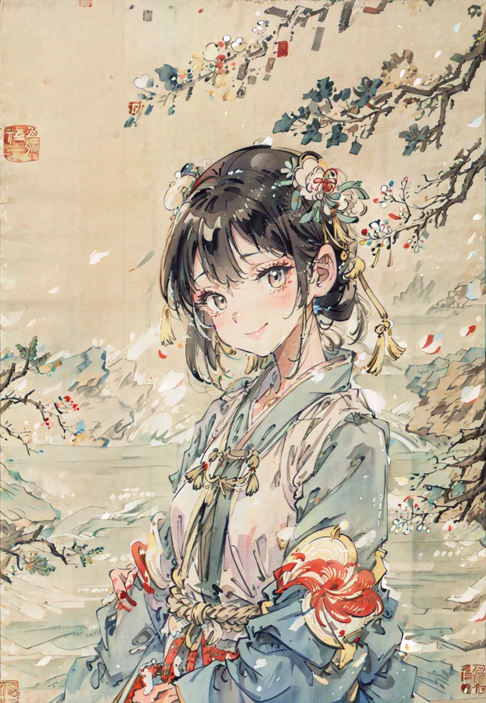 The image is a painting of a young woman in a traditional Chinese dress. She is standing in a snowy landscape, with mountains in the background. The woman is wearing a white and blue dress with a red sash. She has long black hair and is wearing a traditional Chinese hairstyle. The woman is smiling and holding a folding fan in her right hand. The painting is done in a realistic style and the colors are muted. The image captures the beauty of the Chinese landscape and the elegance of the woman's traditional dress.