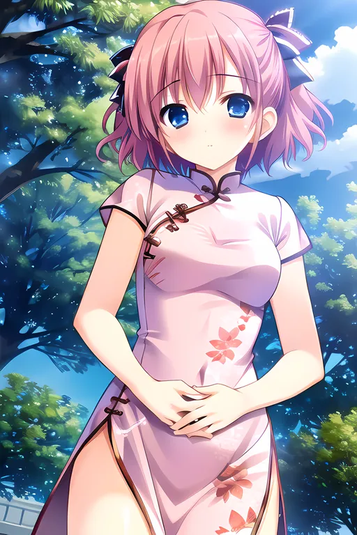 The image shows a young woman standing in a park. She has pink hair and blue eyes, and is wearing a pink cheongsam with white and blue floral patterns. The cheongsam has a high collar and a short skirt, and is held closed by a series of blue buttons. She is also wearing a pair of white panties. The woman is standing with her hands clasped in front of her, and her head is tilted slightly to the right. She has a gentle smile on her face. The background of the image is a park, with a large tree in the background. The sky is blue and the sun is shining.