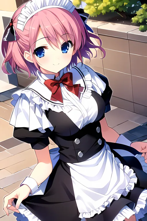 The image depicts a young woman with pink hair and blue eyes. She is wearing a black and white maid outfit with a red bow. She is standing in a hallway, looking at the viewer with a smile on her face.