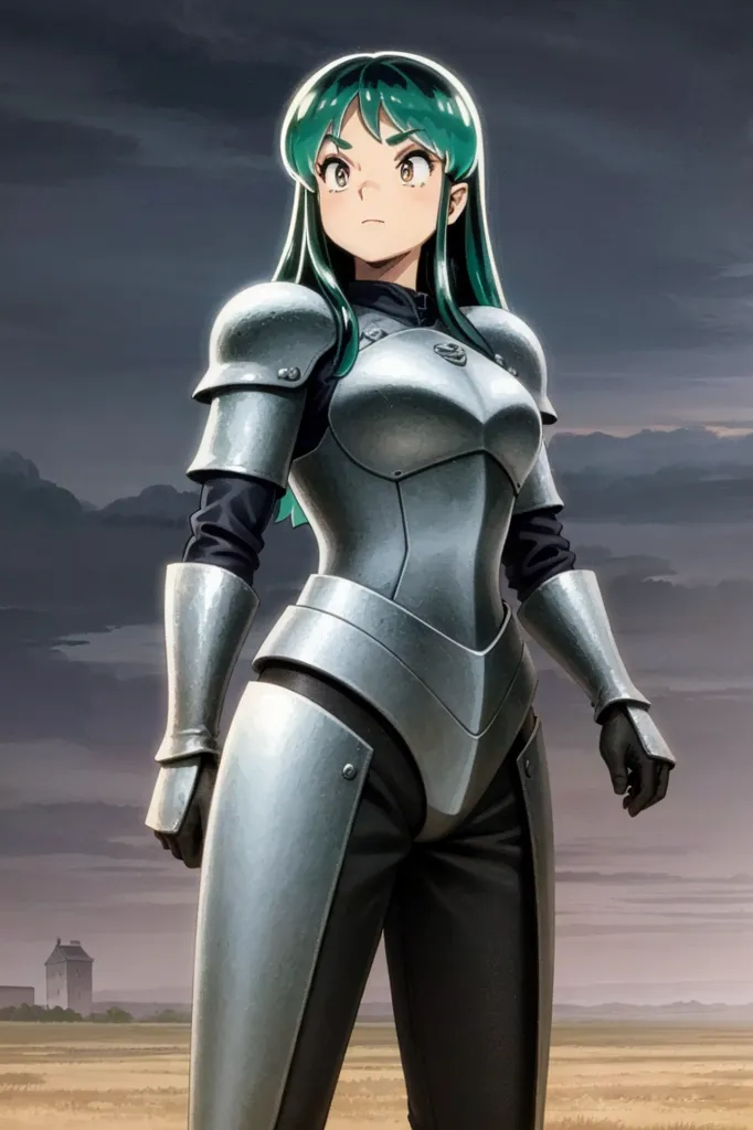 This is an image of a young woman with green hair and brown eyes. She is wearing a suit of silver armor and a black bodysuit. She is standing in a field, with a castle in the distance. The sky is dark and cloudy.