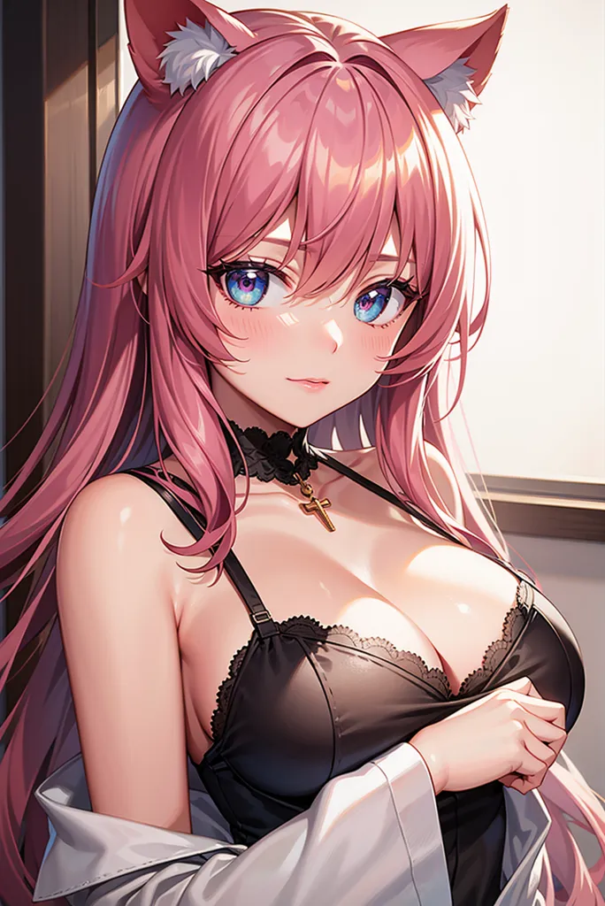 The image is of a beautiful anime girl with pink hair and blue eyes. She is wearing a black lace bra and a white jacket. She has a cross necklace on her neck and cat ears on her head. She is standing in a room with a white wall behind her. The image is very detailed and the artist has done a great job of capturing the character's personality.