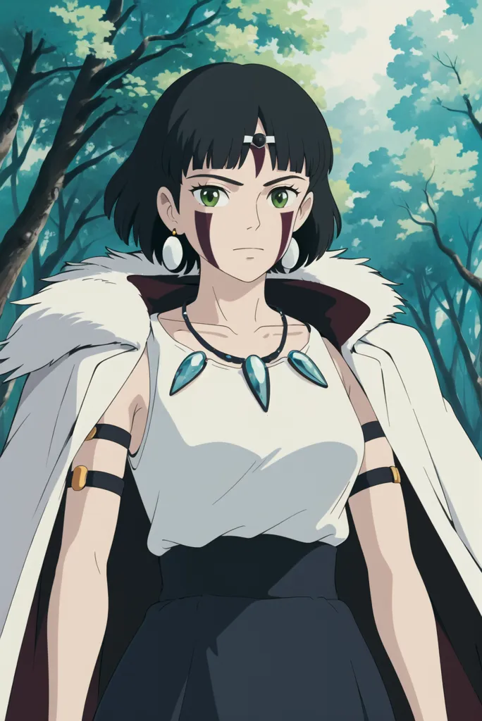 The image shows a young woman with short black hair and green eyes. She is wearing a white sleeveless shirt, over which she wears a black vest with fur trim. She also wears a necklace with three blue stones, and has green markings on her face. She is standing in a forest, and there are trees behind her.