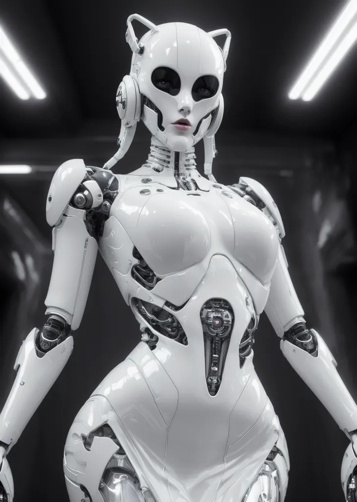 The image is a 3D rendering of a female robot. The robot is white and has cat ears. It is wearing a white bodysuit that covers its entire body. The bodysuit is made of a material that looks like metal or plastic. The robot has a feminine figure, with a small waist and wide hips. It also has long legs and arms. The robot's face is beautiful, with large eyes and a small nose. The robot's mouth is closed and it has a neutral expression. The robot is standing in a dark room. There are two bright lights in the background. The lights are shining on the robot, making it look even more beautiful.