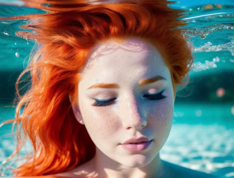 The image shows a young woman with long, flowing red hair. She is submerged in water, and her eyes are closed. Her face is serene, and her skin is pale and flawless. The water around her is clear and blue-green, and it sparkles in the sunlight. The image is peaceful and tranquil, and it evokes a sense of calm and serenity.