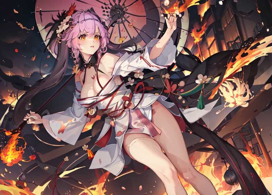 The image is of a woman wearing a white and red kimono-style outfit. She has long pink hair and yellow eyes. She is holding a red umbrella in her right hand and there are flames coming out of the bottom of the umbrella. She is standing in front of a burning building.