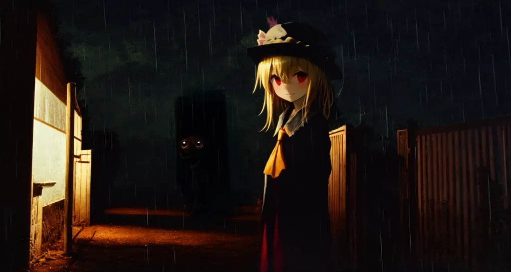 The image is a dark and rainy alleyway. There is a girl standing in the alleyway. She is wearing a black hat and a red scarf. She has long blonde hair and red eyes. She is looking at a creature standing in the shadows. The creature is tall and thin. It has long arms and legs. Its face is hidden in the shadows. The girl is scared. She is standing very still. She is not moving. The creature is not moving either. It is just standing there. Watching her. The girl is starting to get really scared. She wants to run away, but she is too scared to move. She is frozen in fear. The creature is still not moving. It is just standing there. Watching her. The girl is starting to cry. She is so scared. She doesn't know what to do. She is all alone. The creature is still not moving. It is just standing there. Watching her.