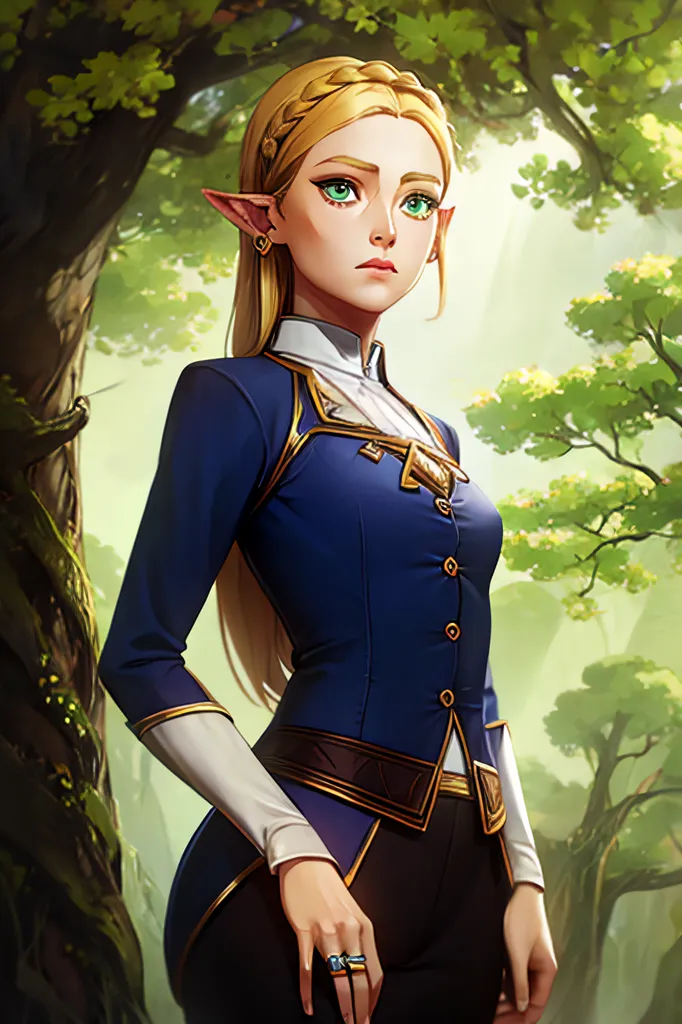 The picture shows a young woman with long blond hair and pointed ears. She is wearing a blue jacket with gold trim and white sleeves. There is a tree with green leaves behind her.