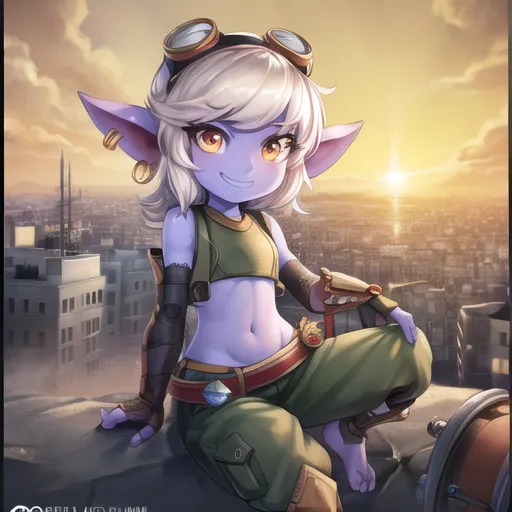 The image shows a young woman with fair skin, purple hair, and yellow eyes. She is wearing a green crop top, brown pants, and goggles. She is sitting on a rooftop with a city in the background. The sun is setting, and the sky is a gradient of orange and yellow. The woman is smiling and has a confident expression on her face.