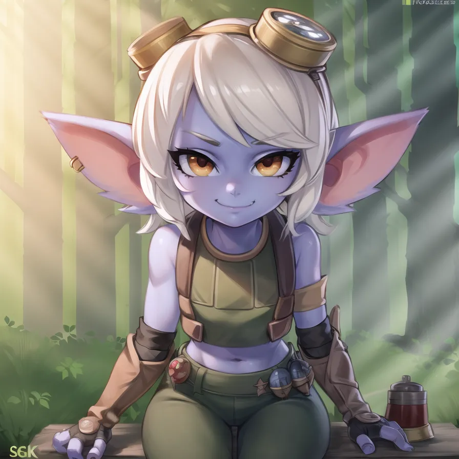 The image is of a young woman with fair skin, pointed ears, and yellow eyes. She is wearing a brown vest, green pants, and a pair of goggles. She is sitting on a rock in a forest, and there is a large tree behind her. The woman is smiling and has a confident expression on her face.