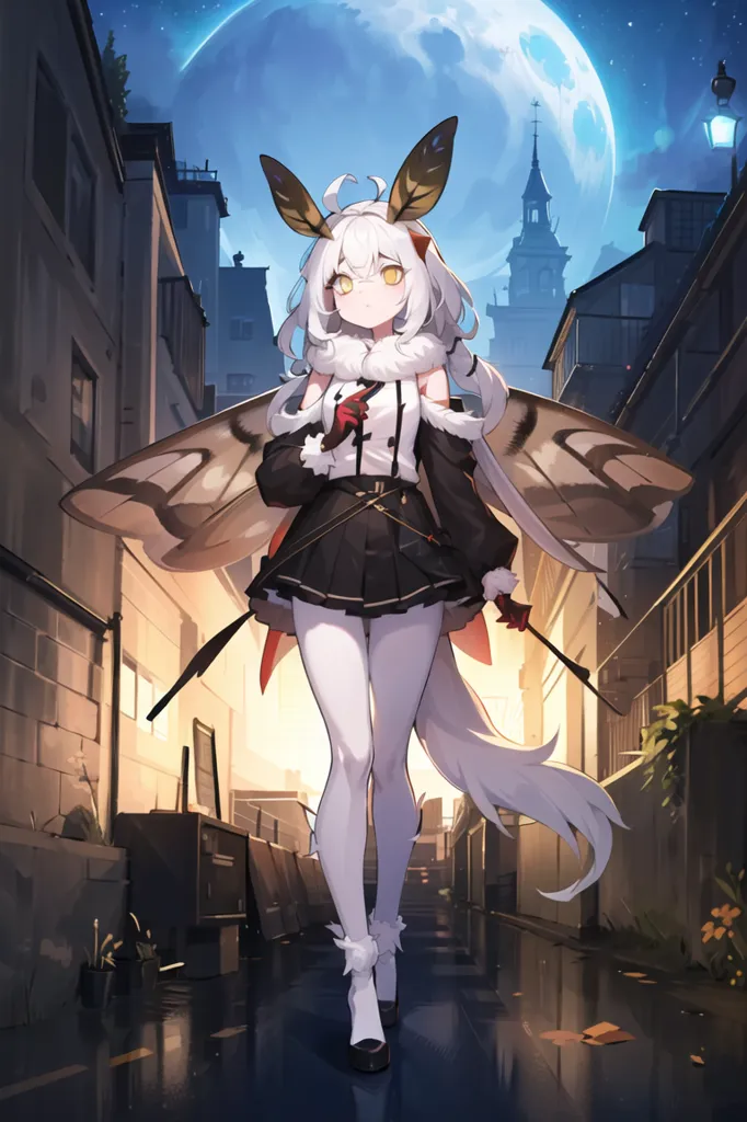 The image is of a girl with long white hair and yellow eyes. She is wearing a black and white dress with a red bow. She also has a pair of moth wings and a pair of white gloves. She is standing in a dark alleyway with a full moon in the background.