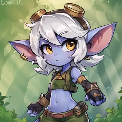 This is an image of a character from the League of Legends video game. The character is Lulu, a yordle who uses magic to protect her friends and turn her enemies into animals. She is depicted as a small, blue-skinned girl with long, white hair and pointed ears. She is wearing a green and brown outfit and has a pair of goggles on her head. She is also carrying a staff with a crescent moon on the end.