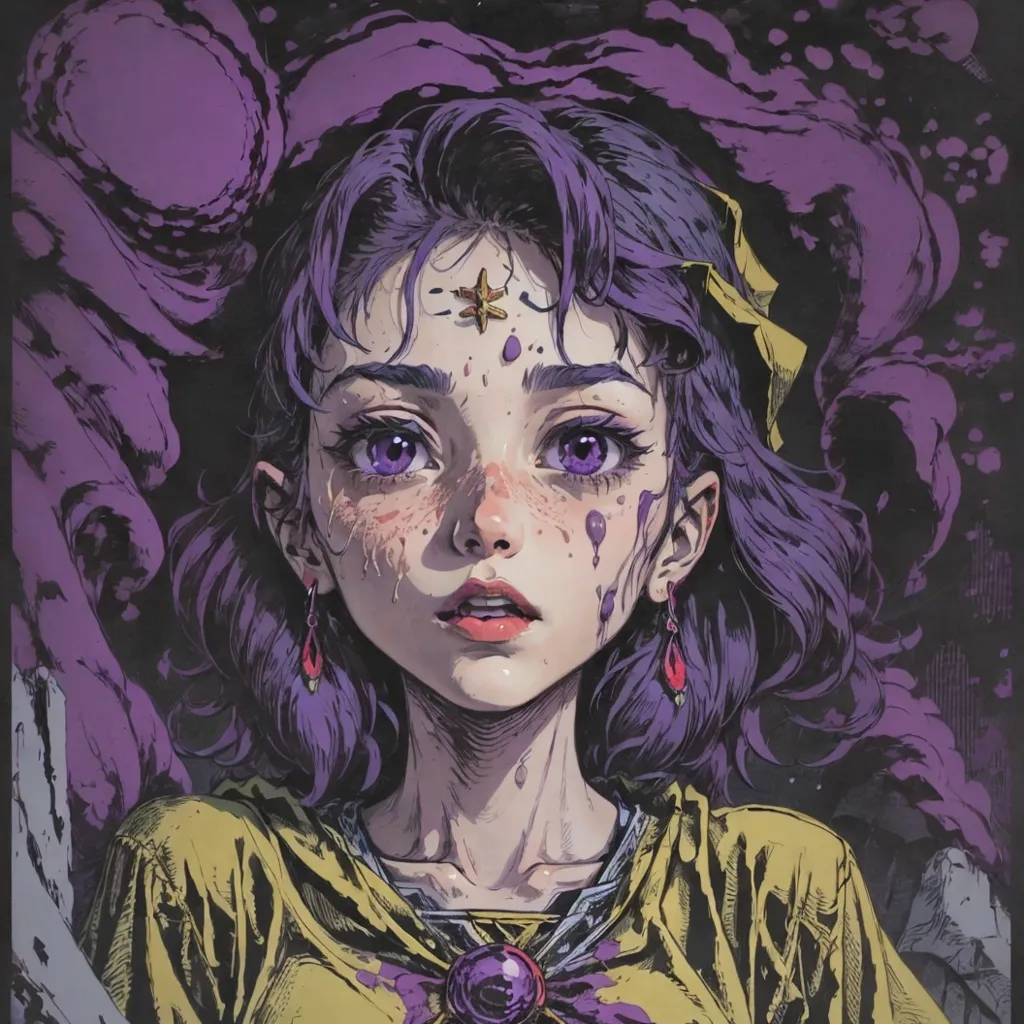 The image is a portrait of a young woman with purple hair and purple eyes. She is wearing a yellow shirt and has a star-shaped jewel on her forehead. She is crying and there are tears on her face. The background is dark and there are purple clouds around her.