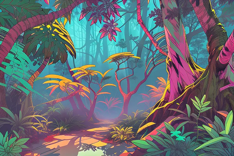 The image is a digital painting of a jungle. The colors are vibrant and saturated, and the lines are thick and bold. The painting has a dreamlike quality, and it is easy to imagine oneself lost in the jungle.

The foreground is dominated by a large tree, which is covered in leaves and vines. The tree is surrounded by other plants, including ferns, palms, and flowers. The background of the painting is a dense jungle, with trees and plants of all different sizes and shapes.

The painting is full of movement and energy. The leaves and vines seem to be dancing in the wind, and the animals are all moving around. The painting is also full of color, with the greens, blues, and purples of the jungle contrasting with the bright colors of the flowers and animals.

The painting is a beautiful and vibrant depiction of a jungle. It is full of life and energy, and it is easy to imagine oneself lost in the jungle.