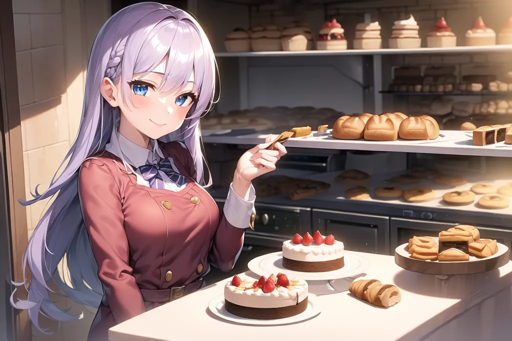 The image shows a cute anime girl with long purple hair and blue eyes. She is wearing a white blouse, a maroon vest, and a purple bow tie. She is standing in a bakery, and there are many pastries and cakes on the shelves behind her. She is holding a small cake with strawberries on top.