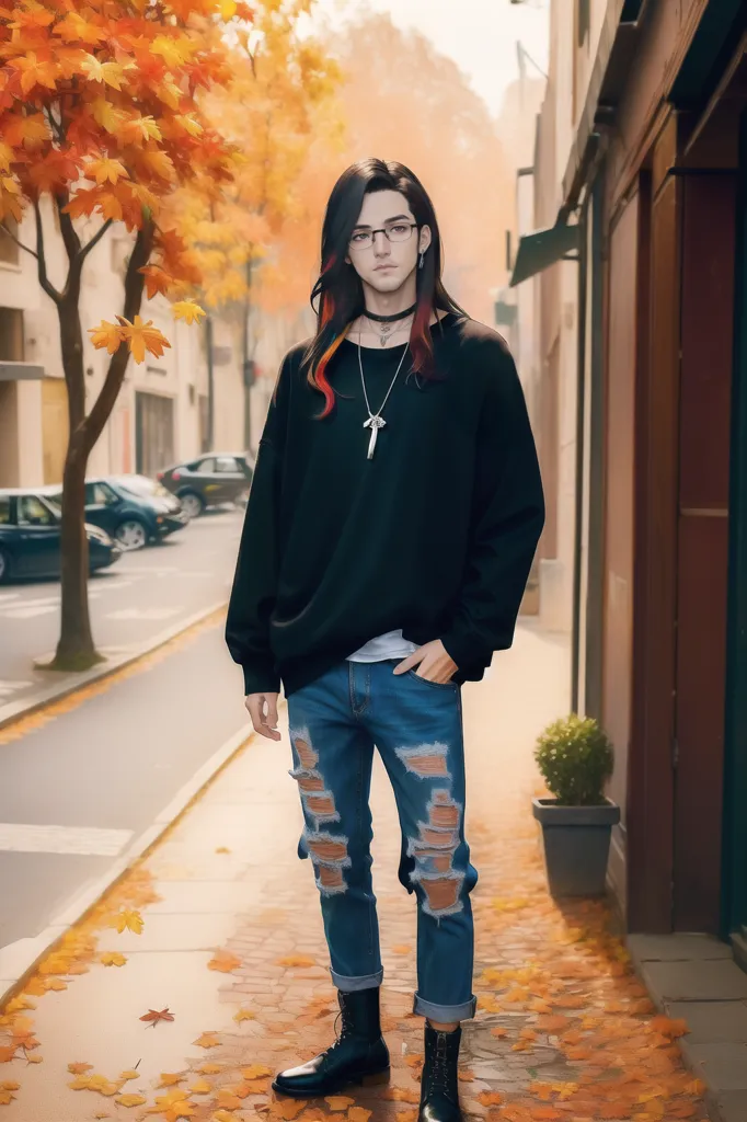 The image is of a young man with long black hair, red tips, and glasses. He is wearing a black sweater, blue jeans with holes in them, and black boots. He is standing on a sidewalk in the fall. The leaves on the trees are orange and yellow. There is a building with brown doors and windows behind him. There is a tree with orange leaves next to him.